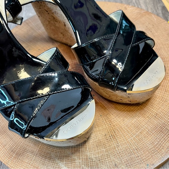 *Jimmy Choo | Papyrus Black Patent Leather Cork Wedge Platform Sandals Size37.5 - Picture 8 of 16